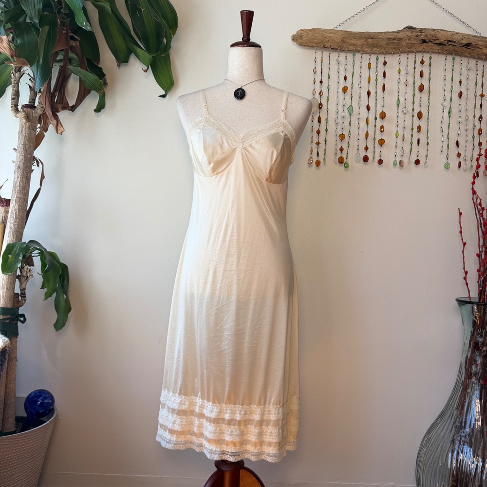 Vintage Camielle of California Cream Lace Midi Slip Dress 90s Fairy Coquette